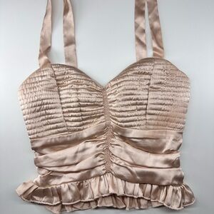 Satin Ruched Bandeau Crop Top - Cream